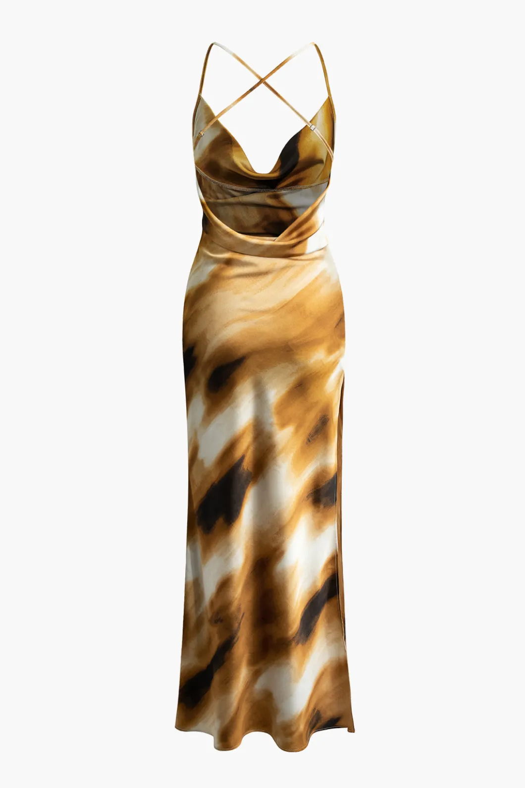 Abstract Print Cowl Neck Backless Slit Slip Maxi Dress>MICAS New