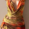 Abstract Print Halter Cowl Neck Slit Mini Dress>MICAS New