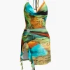 Abstract Print Halter Cowl Neck Slit Mini Dress>MICAS New