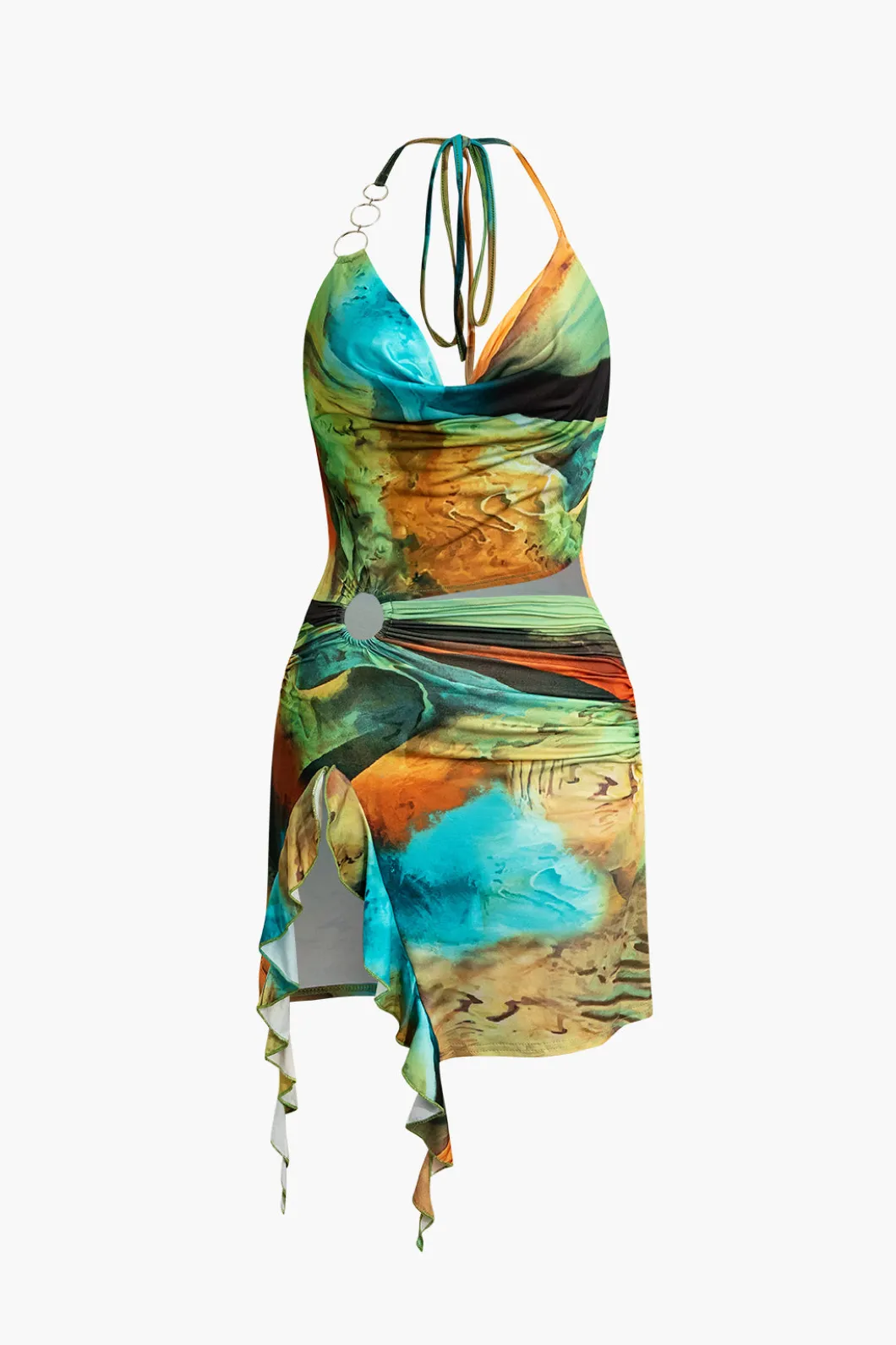 Abstract Print Halter Cowl Neck Slit Mini Dress>MICAS New