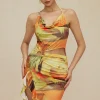 Abstract Print Halter Cowl Neck Slit Mini Dress>MICAS New
