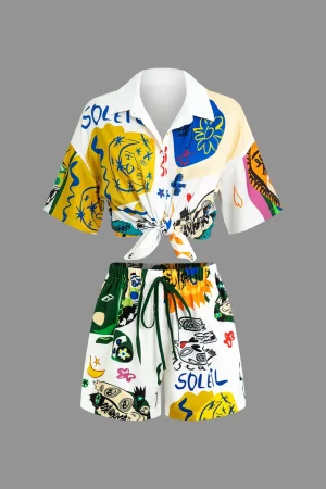 Abstract Print Knot-Front Shirt And Drawstring Shorts Set>MICAS New