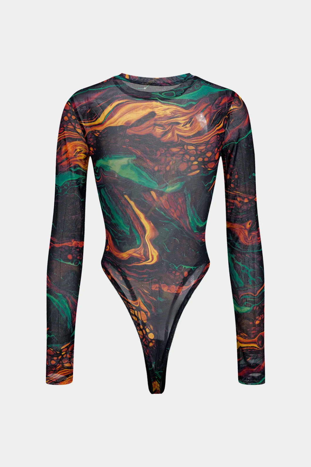 Abstract Print Mesh Long Sleeve Bodysuit>MICAS Fashion
