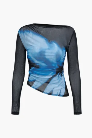 Abstract Print Mesh Long-Sleeve Top>MICAS Best