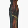 Abstract Print Mesh Strapless Midi Dress>MICAS Sale