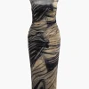 Abstract Print Mock Neck Mesh Ruched Sleeveless Maxi Dress>MICAS Hot