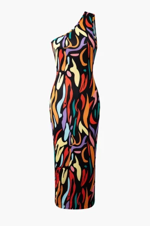 Abstract Print One Shoulder Cut Out Midi Dress>MICAS Fashion