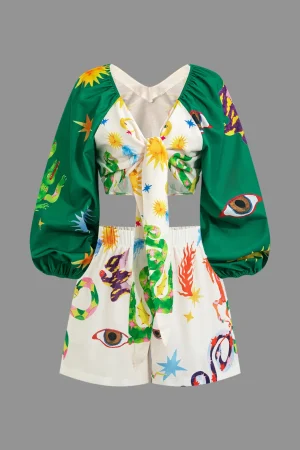 Abstract Print Puff Sleeve Two-Piece Shorts Set>MICAS Best