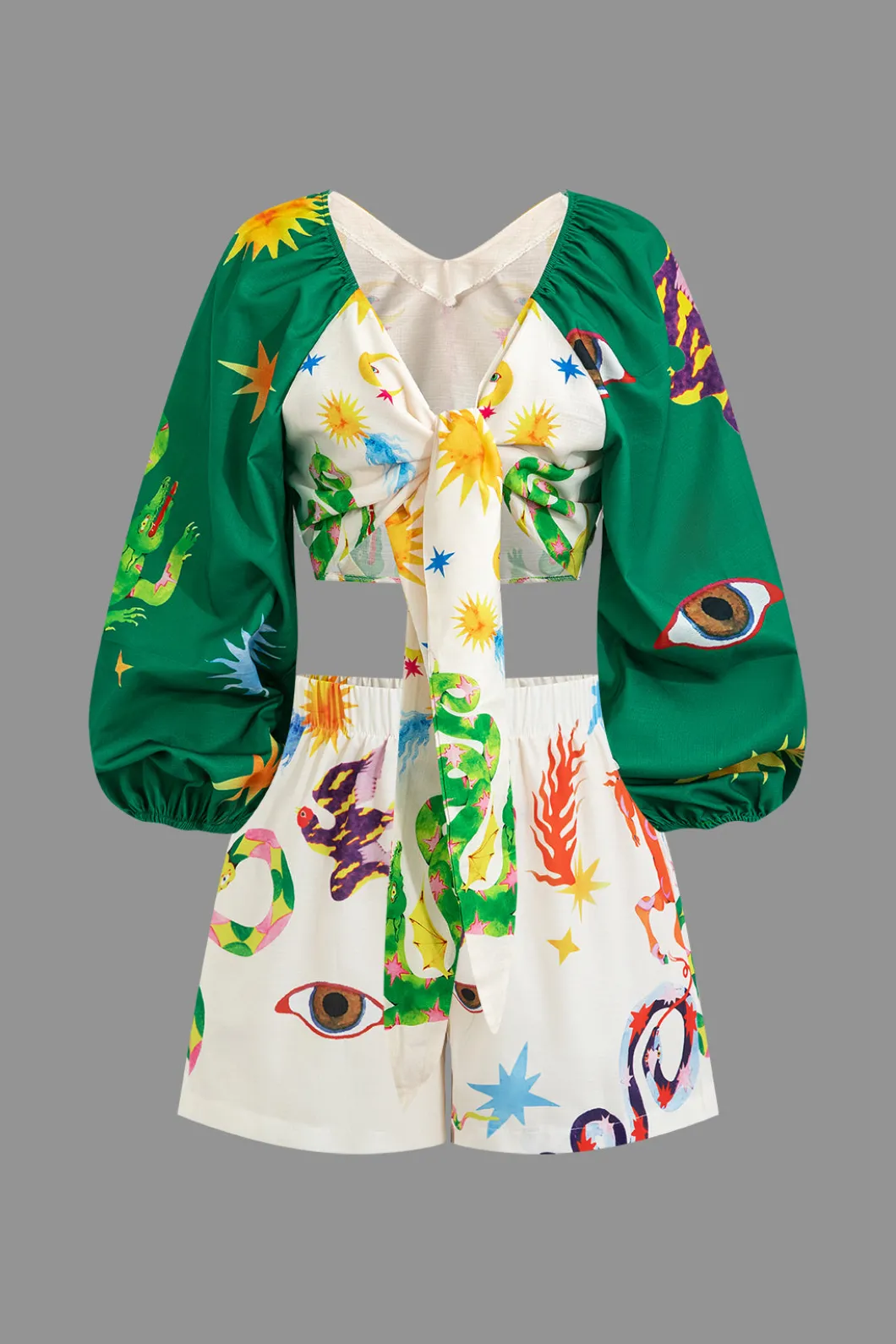 Abstract Print Puff Sleeve Two-Piece Shorts Set>MICAS Best