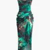 Abstract Print Spaghetti Strap Ruched Side Slit Midi Dress>MICAS Best