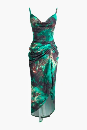 Abstract Print Spaghetti Strap Ruched Side Slit Midi Dress>MICAS Best
