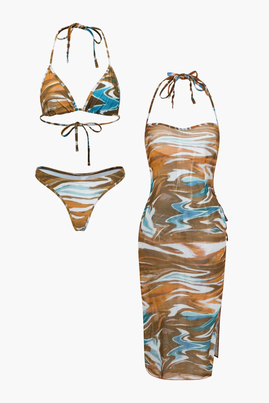 Abstract Print Tie Halter Bikini And Slit Midi Dress Swimsuit Set>MICAS Online