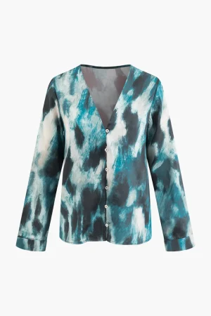 Abstract Print V-neck Button Up Shirt>MICAS Clearance