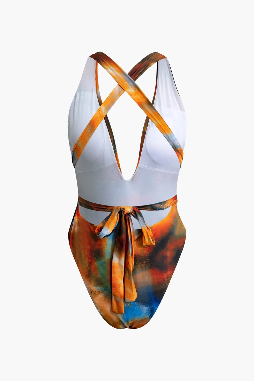 Abstract Print V-neck Cross Back Tie Swimsuit And Mesh Mini Sarong Skirt Set>MICAS Hot