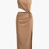 Asymmetric Cut Out Ruched Twist Slit Maxi Dress>MICAS Sale