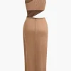 Asymmetric Cut Out Ruched Twist Slit Maxi Dress>MICAS Sale