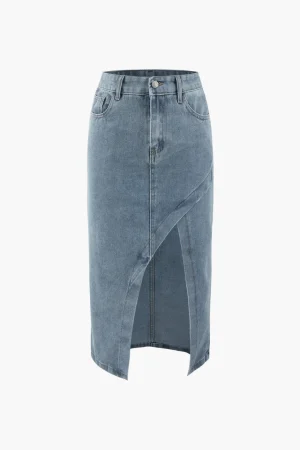 Asymmetric Denim Wrap Slit Skirt>MICAS Best