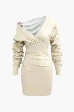 Asymmetric Faux Leather V-neck Gathered Mini Dress>MICAS Clearance