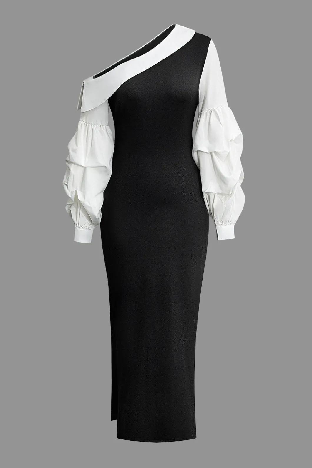 Asymmetric Lantern Sleeve Slit Midi Dress>MICAS Hot