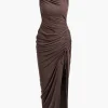 Asymmetric Ruched Drawstring Slit Sleeveless Maxi Dress>MICAS Best