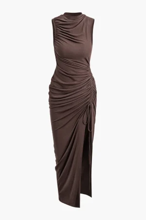 Asymmetric Ruched Drawstring Slit Sleeveless Maxi Dress>MICAS Best