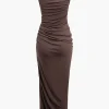 Asymmetric Ruched Drawstring Slit Sleeveless Maxi Dress>MICAS Best