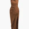 Asymmetric Ruched Drawstring Slit Sleeveless Maxi Dress>MICAS Best