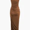 Asymmetric Ruched Drawstring Slit Sleeveless Maxi Dress>MICAS Best