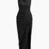 Asymmetric Ruched Drawstring Slit Sleeveless Maxi Dress>MICAS Best