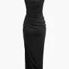 Asymmetric Ruched Drawstring Slit Sleeveless Maxi Dress>MICAS Best