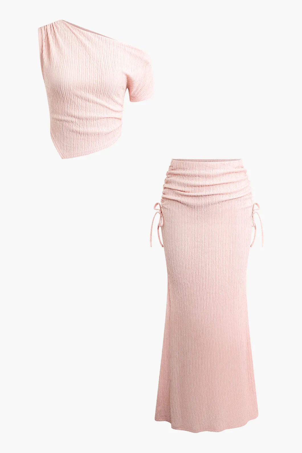 Asymmetric Texture Top and Ruched Skirt Set>MICAS Hot