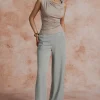 Asymmetric Waist Ruched Straight Leg Pants>MICAS New