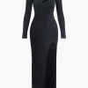 Asymmetrical Cut Out Long Sleeve Slit Knit Maxi Dress>MICAS Sale