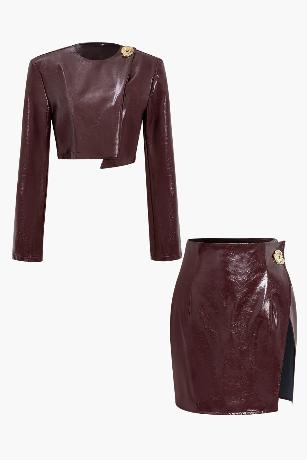 Asymmetrical Faux Leather Skirt Set>MICAS Outlet