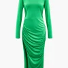 Asymmetrical Hem Round Neck Ruched Long Sleeve Maxi Dress>MICAS New
