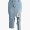 Asymmetrical Ripped Denim Midi Skirt>MICAS Discount