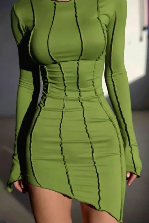 Asymmetrical Round Neck Seam Detail Long Sleeve Mini Dress>MICAS Fashion