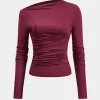 Asymmetrical Ruched Long-Sleeve Top>MICAS Fashion