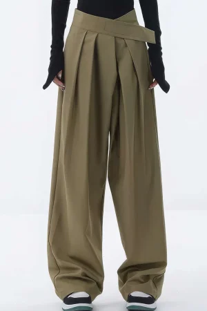 Asymmetrical Ruched Wide Leg Trousers>MICAS New