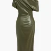 Asymmetrical Shoulder Faux Leather Bodycon Dress>MICAS Hot