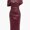 Asymmetrical Shoulder Faux Leather Bodycon Dress>MICAS Hot
