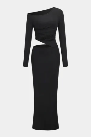 Asymmetrical Shoulder Long Sleeve Maxi Dress>MICAS Best