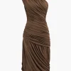 Asymmetrical Sleeveless Ruched Midi Dress>MICAS Online