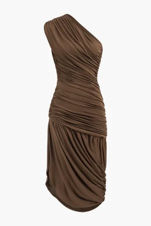 Asymmetrical Sleeveless Ruched Midi Dress>MICAS Online