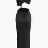 Asymmetrical Twist Ruched Slit One Shoulder Maxi Dress>MICAS Best
