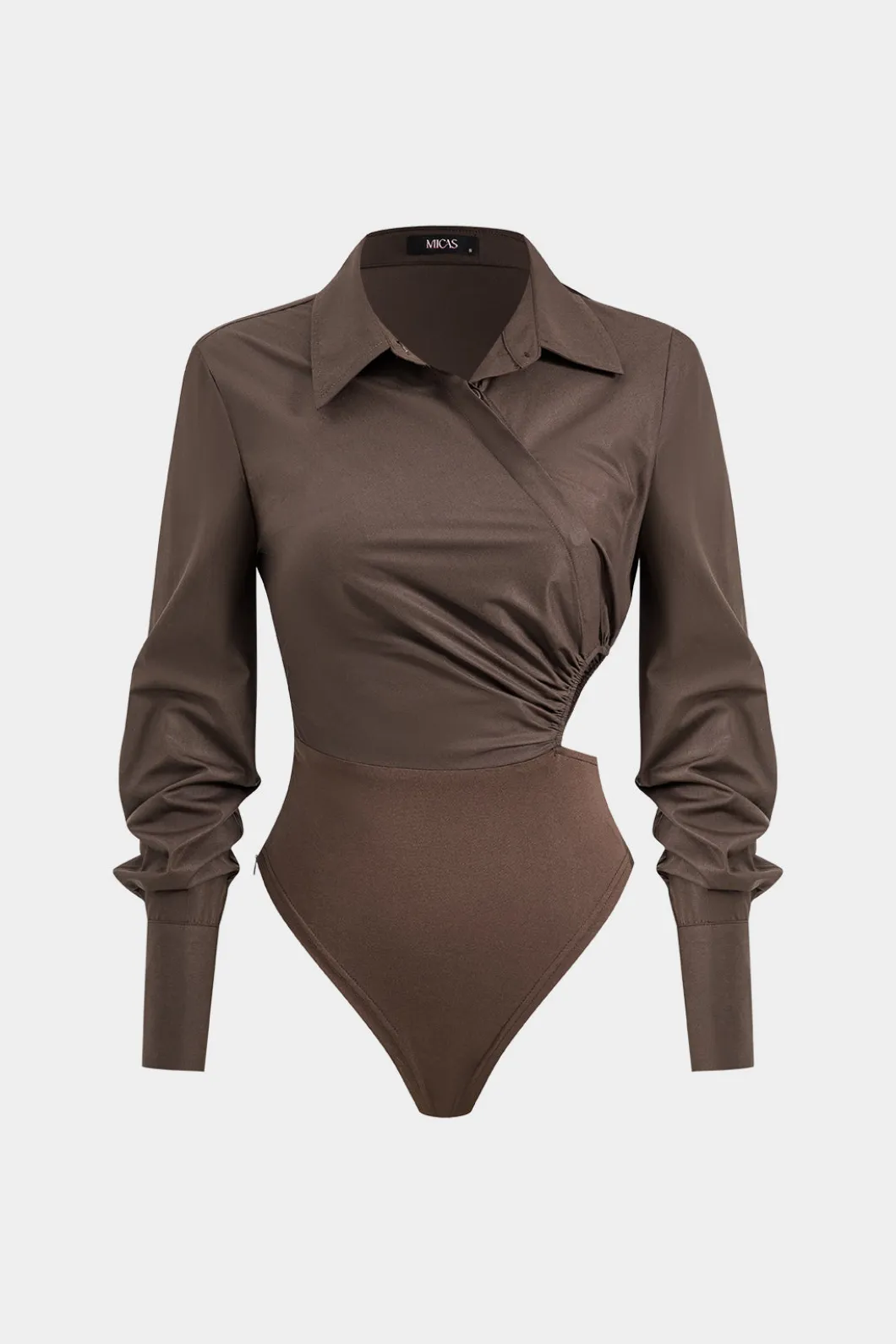 Asymmetry Patchwork Ruched Cut Out Long Sleeve Bodysuit>MICAS Clearance