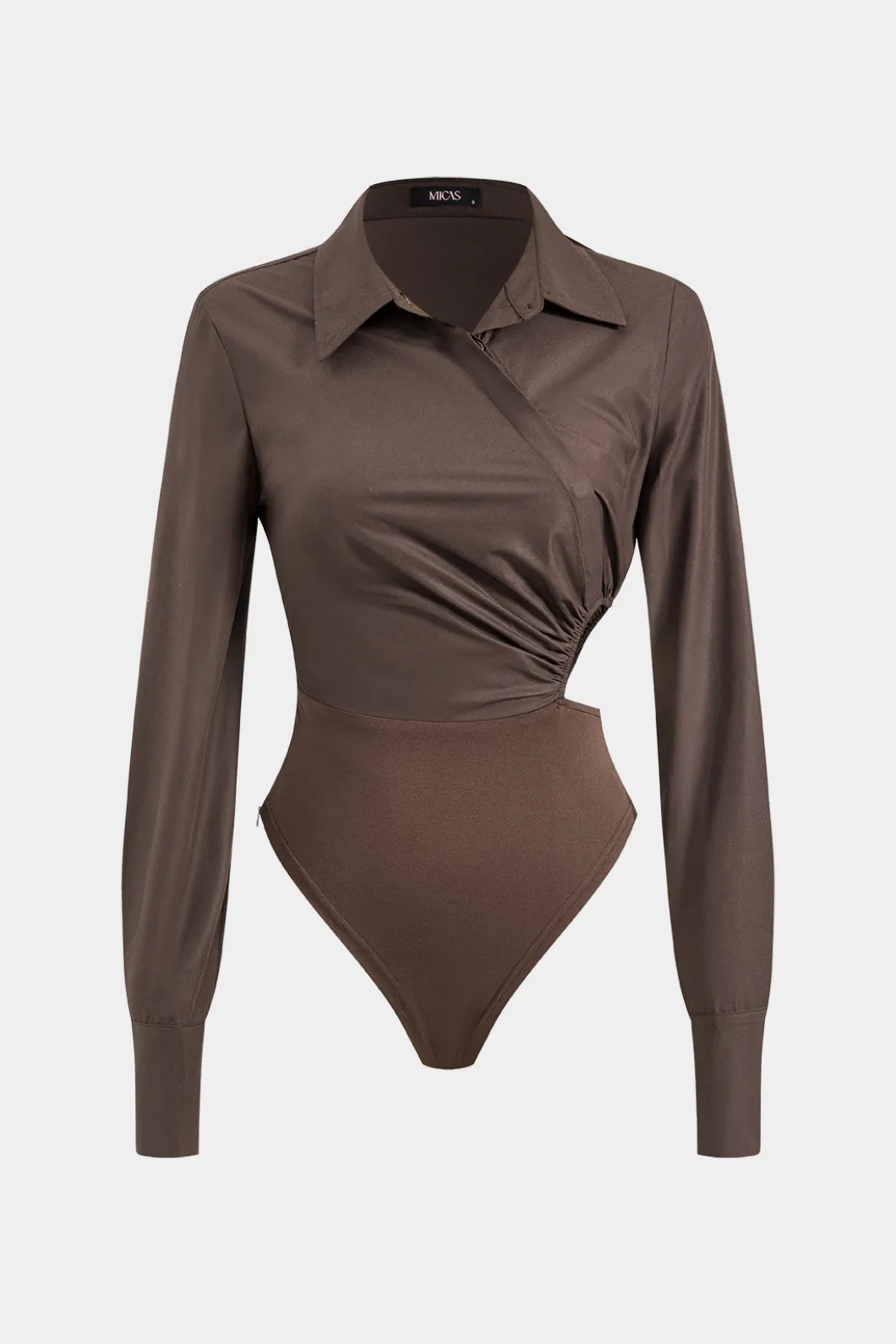 Asymmetry Patchwork Ruched Cut Out Long Sleeve Bodysuit>MICAS Clearance