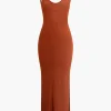 Backless Spaghetti Strap Slit Knit Dress>MICAS Fashion