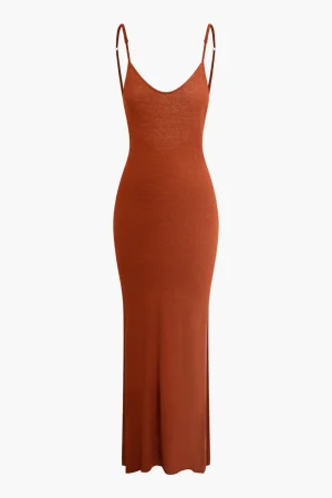 Backless Spaghetti Strap Slit Knit Dress>MICAS Fashion