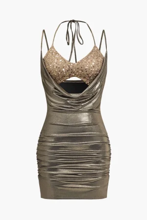 Backless Tie-Up Sequin Mini Dress>MICAS Fashion